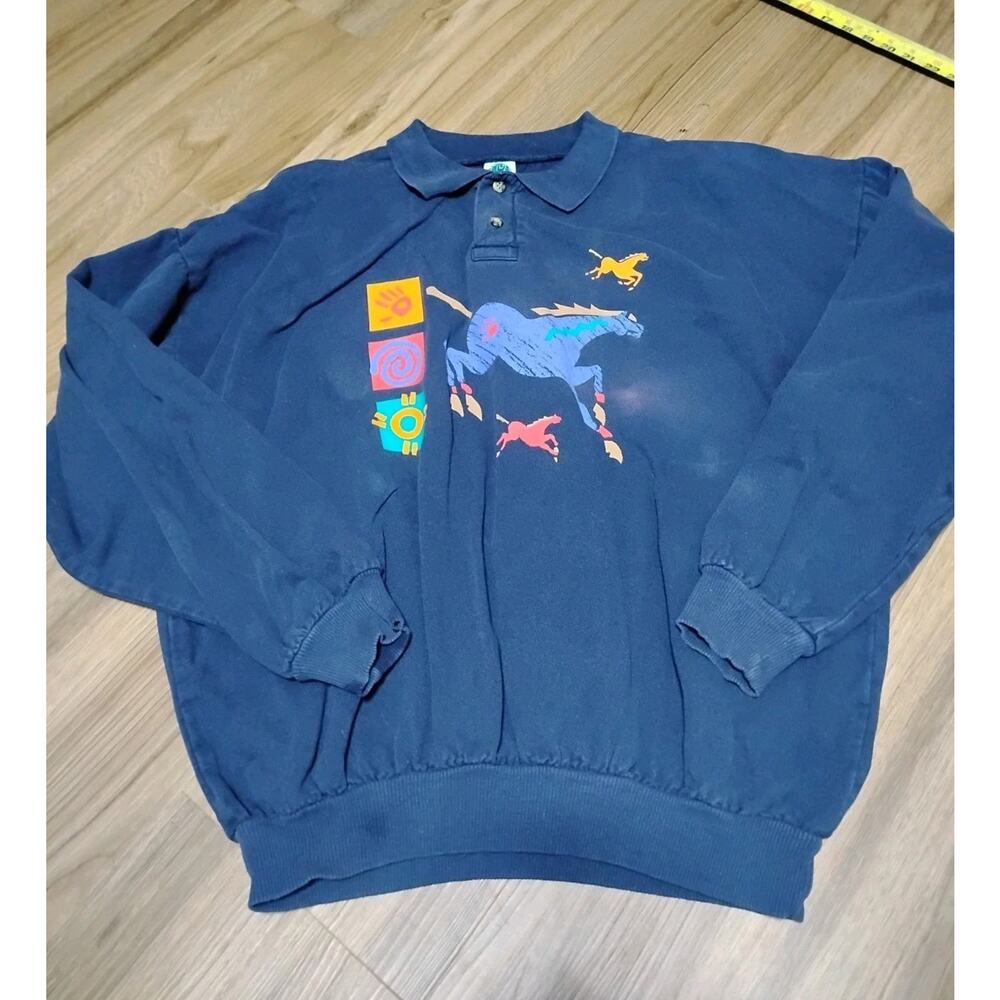 Vintage Unisex 80's/90's Horse style Polo Swetshirt Long Sleeve Blue xlarge